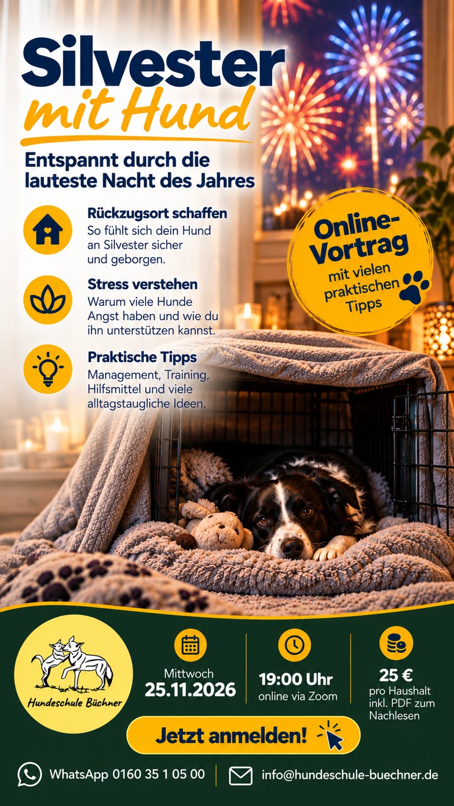 Online-Vortrag „Silvester mit Hund – entspannt durch die lauteste Nacht des Jahres“ am Mittwoch, 25.11.2026, 19:00 Uhr via Zoom, 25 € pro Haushalt inkl. PDF zum Nachlesen