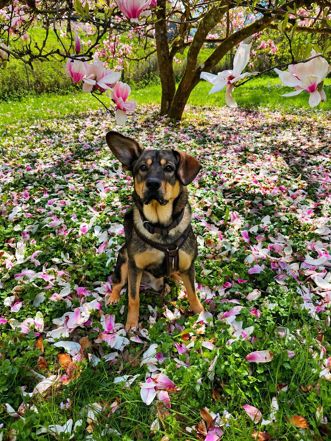 Eddy sitzt unter einem blühenden Magnolienbaum