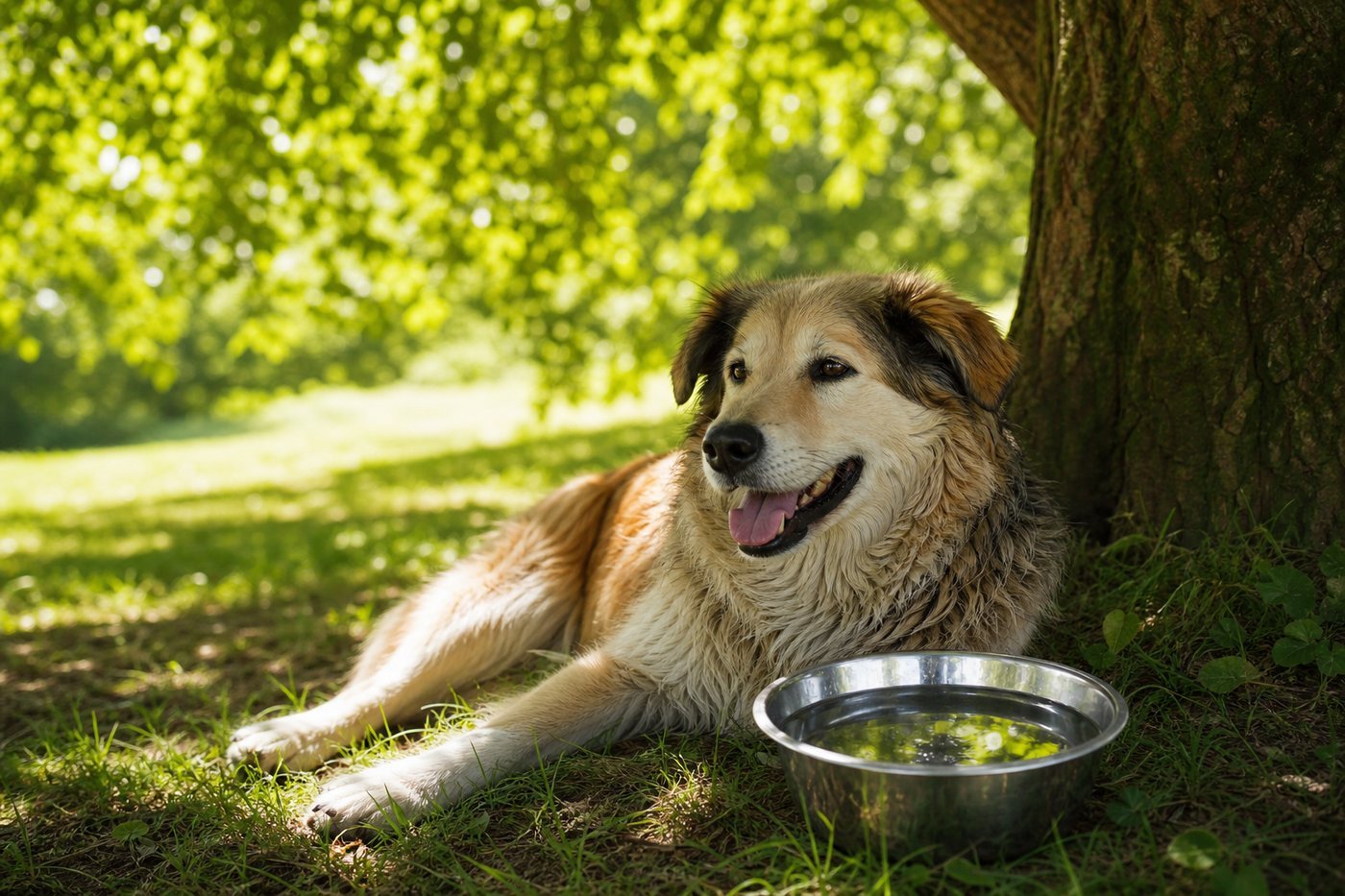 Hund entspannt im Schatten an einem heißen Sommertag